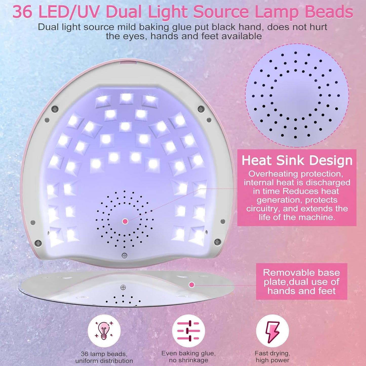 NAILGIRLS UV Nail Lamp 150W for Gel Polish, Professional Fast Curing UV Light for Gel Nails with 36pcs Lamp Beads, 4 Times with LCD Display Auto Sensor, Gift for Women Girl, Pink