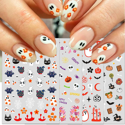 Halloween Nail Art Stickers, Pink Pumpkin Nail Decals, 3D Self-Adhesive Spider-Web Bat Design for DIY Nail Supplies Decoration (4 Sheets)