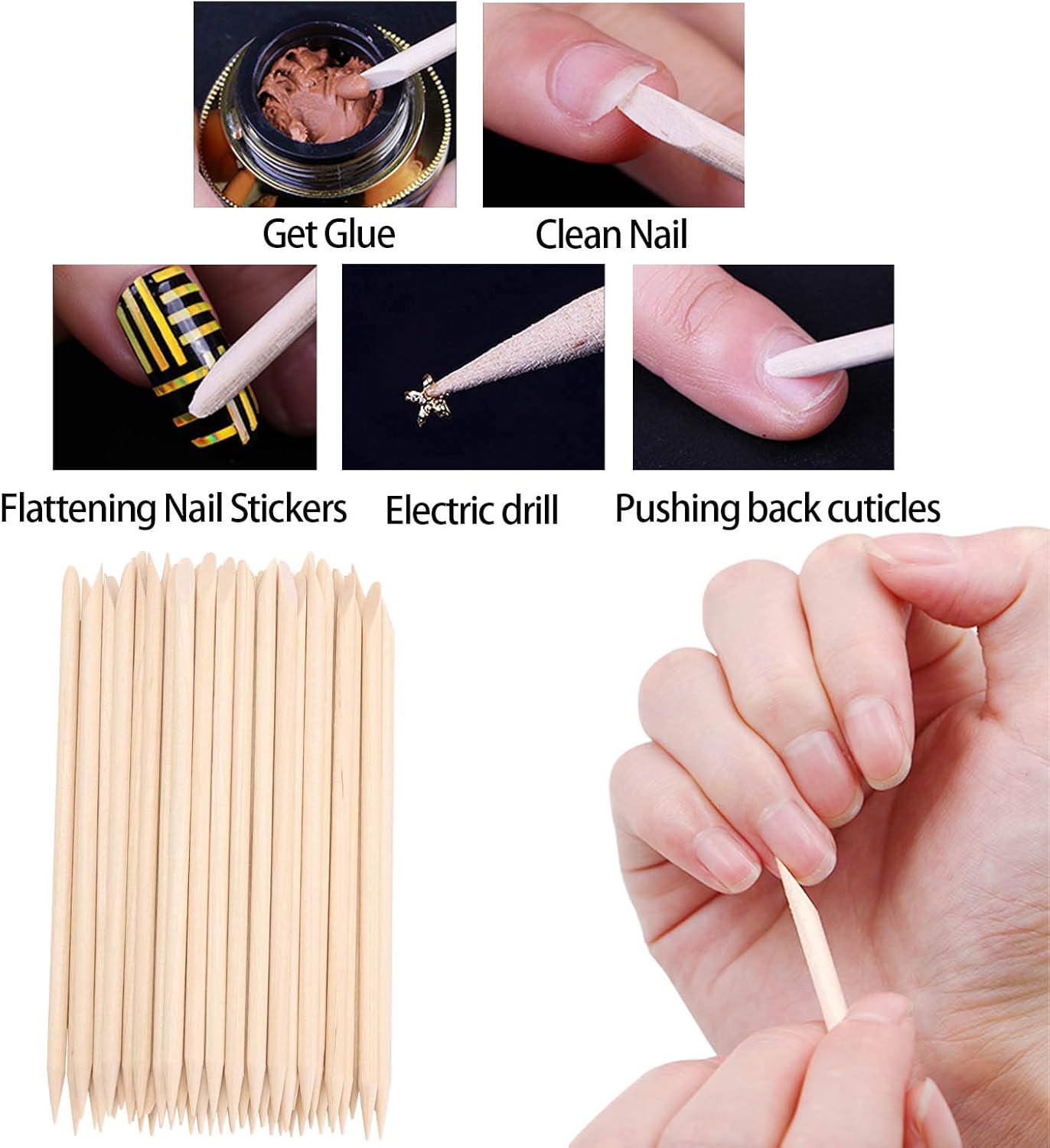 100 Pcs Orange Sticks for Nails Double Sided Multi Functional Wooden Cuticle Pusher Stick, 6 Pcs 100/180 Grit Nail Files and 6 Pcs Buffer Block