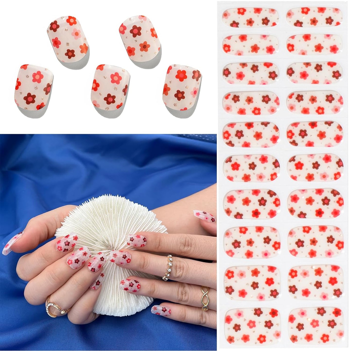 MOMSON Semi Cured Gel Nail Strips - 20 Real Gel Nail Polish Stickers/Full Nail Wraps - Art Manicure Kits for DIY at Home, Salon-Quality, Easy to Apply & Remove (Small Flowers, Orange, Red)