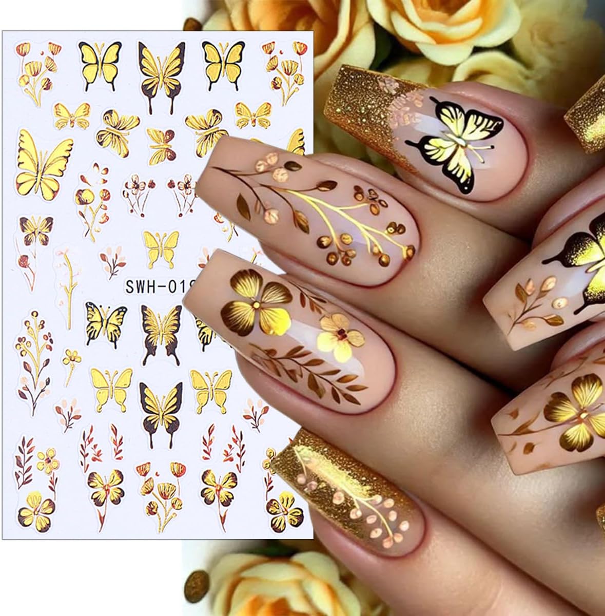 6 Sheets Butterfly Nail Decals for Nail Art Spring Flower Nail Stickers 3D Self-Adhesive Colorful Butterfly Nail Art Stickers Gold Floral Leaf Nail Decoration for Women Girls DIY Manicure Supplies