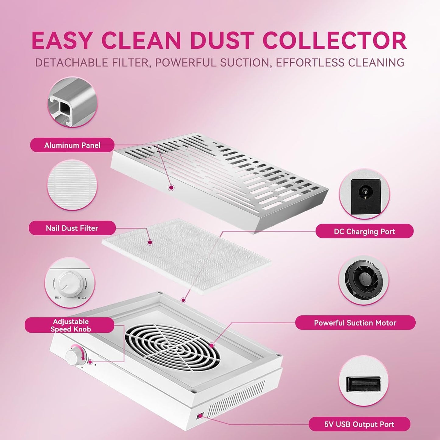Makartt Rechargeable Nail Dust Collector - Machine Ultra Thin Nail Vacuum Dust Collector for Acrylic Nails Drills Portable SYMPHONEE Nail Dust Extractor with Reusable Filter White