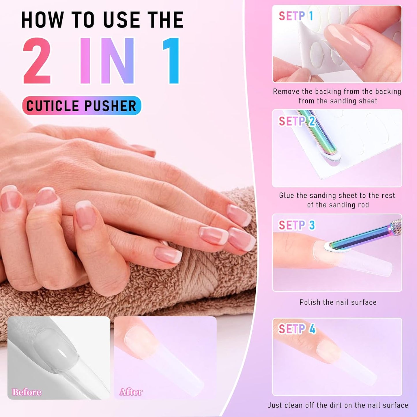 Dual Ended Cuticle Remover,Pre-Treatment Cuticle Pusher with 100#/240# Grit Sandpaper Sheets Pre-Treatment Cuticle Nail Tool for Salon & Home Use