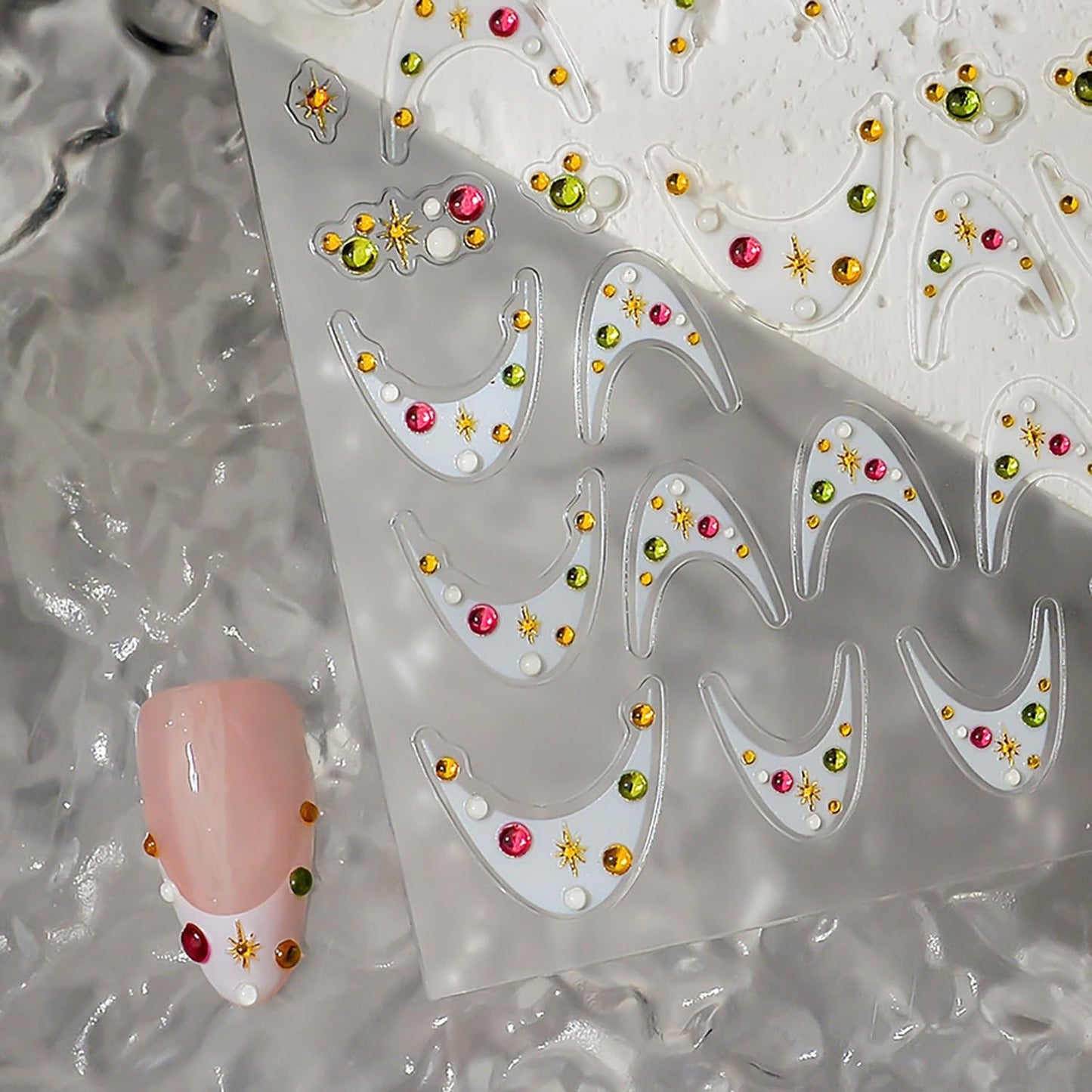 1 Sheets White French Tip Nail Decals for Nail Art 5d Star Diamond Nail Stickers Embossed French Tips Nail Art Stickers Self-Adhesive Colorful Rhinestones Stars Nail Design Sticker for Women