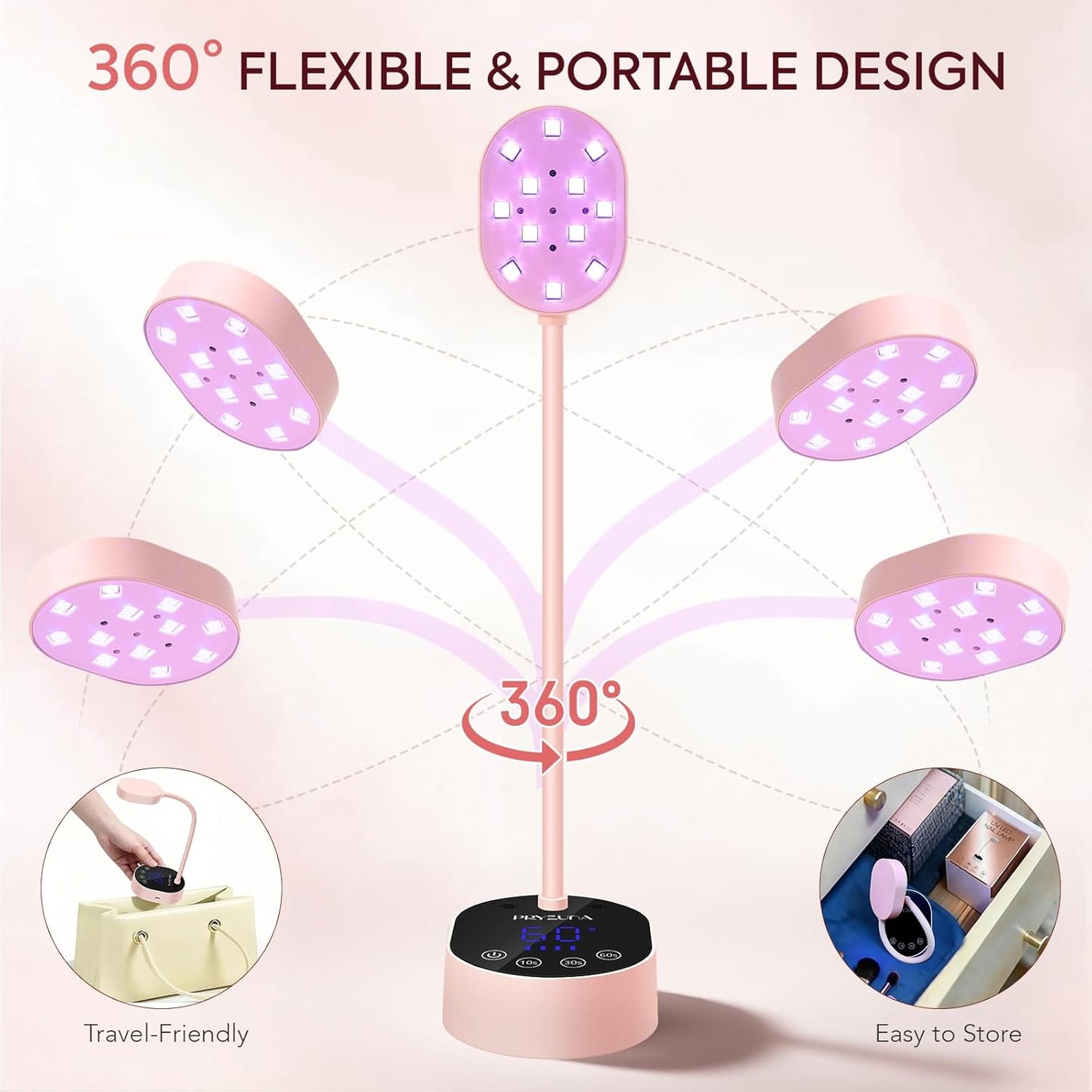 UV LED Nail Lamp, Cordless Gooseneck Mini Flash Cure UV Lamp for Gel X Nails, 36W Portable USB Rechargeable Nail Dryer with Auto Sensor, 4 Timers & LCD Display for DIY Home Manicure (Pink)