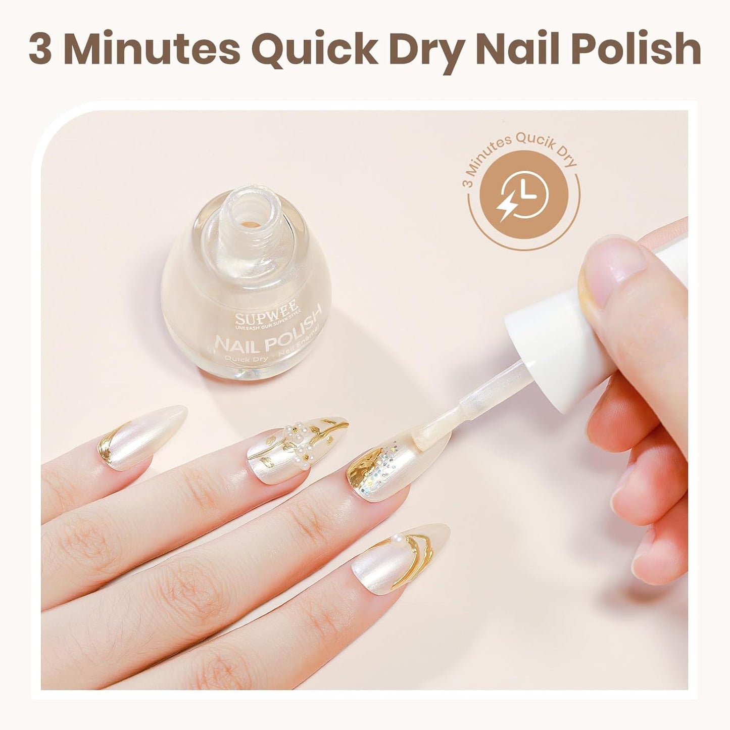 Pearl Nail Polish Quick Dry, Air Dry Fast Shimmer Mermaid Champagne Nail Lacquer DIY Manicure for Women Girls