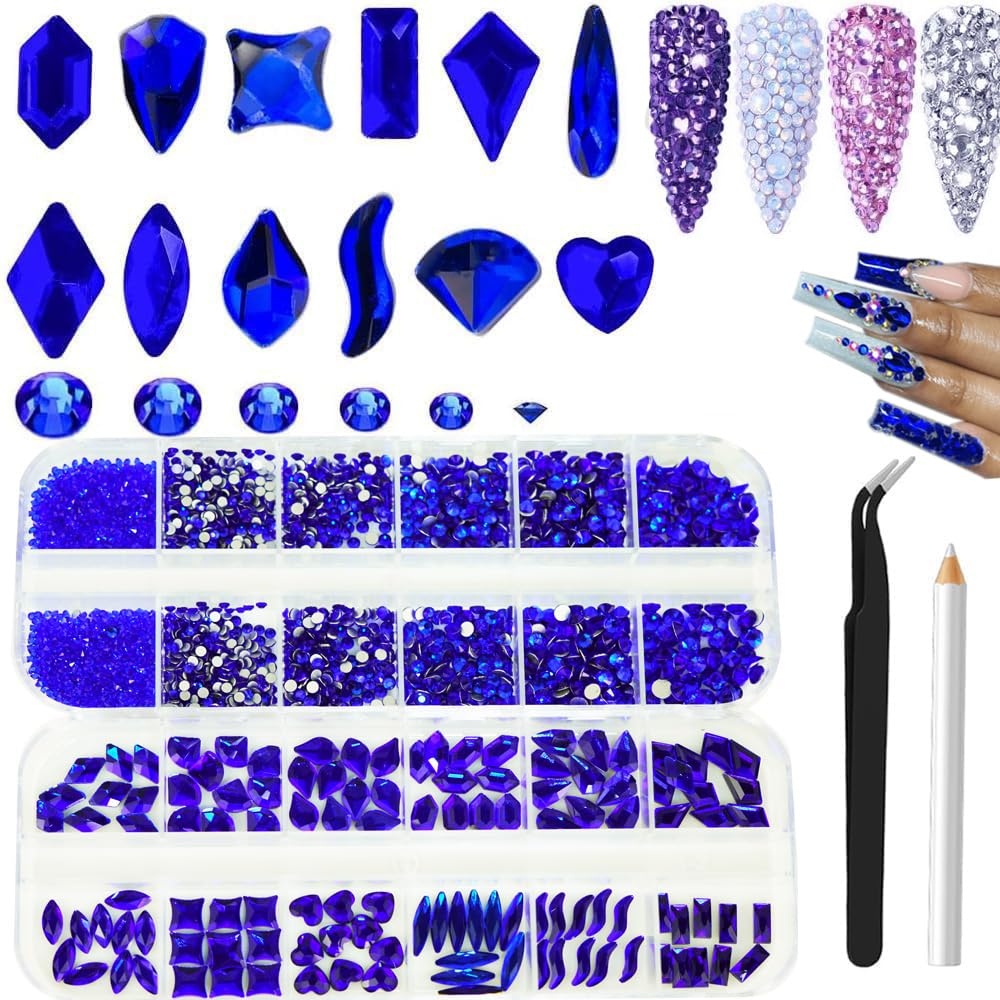 2680Pcs Royal Blue Nail Rhinestones Gems, 120pcs Multishapes Navy Blue Glass Big Nails Gem Stones with Bling Flatback Round Beads, Clear Diamond Rhinestone for DIY Face Eyes Makeup Crafts Decoration