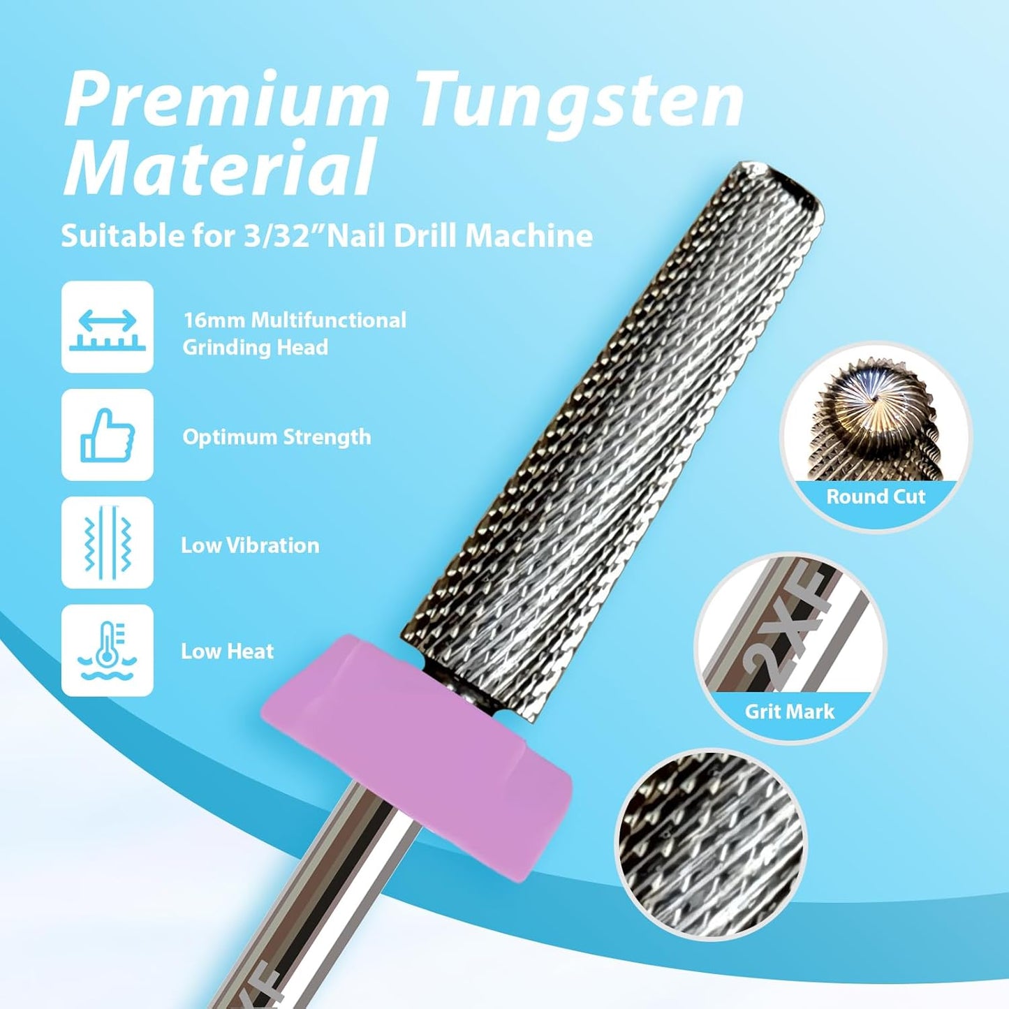 16mm 5 in 1 Nail Drill Bits for False Nail Apply, 3/32'' Tungsten Carbide Professional Bit, Slender Bit for Corners, Left & Right Hand Use, Manicure Cuticle Gel Polishing, Double Fine.