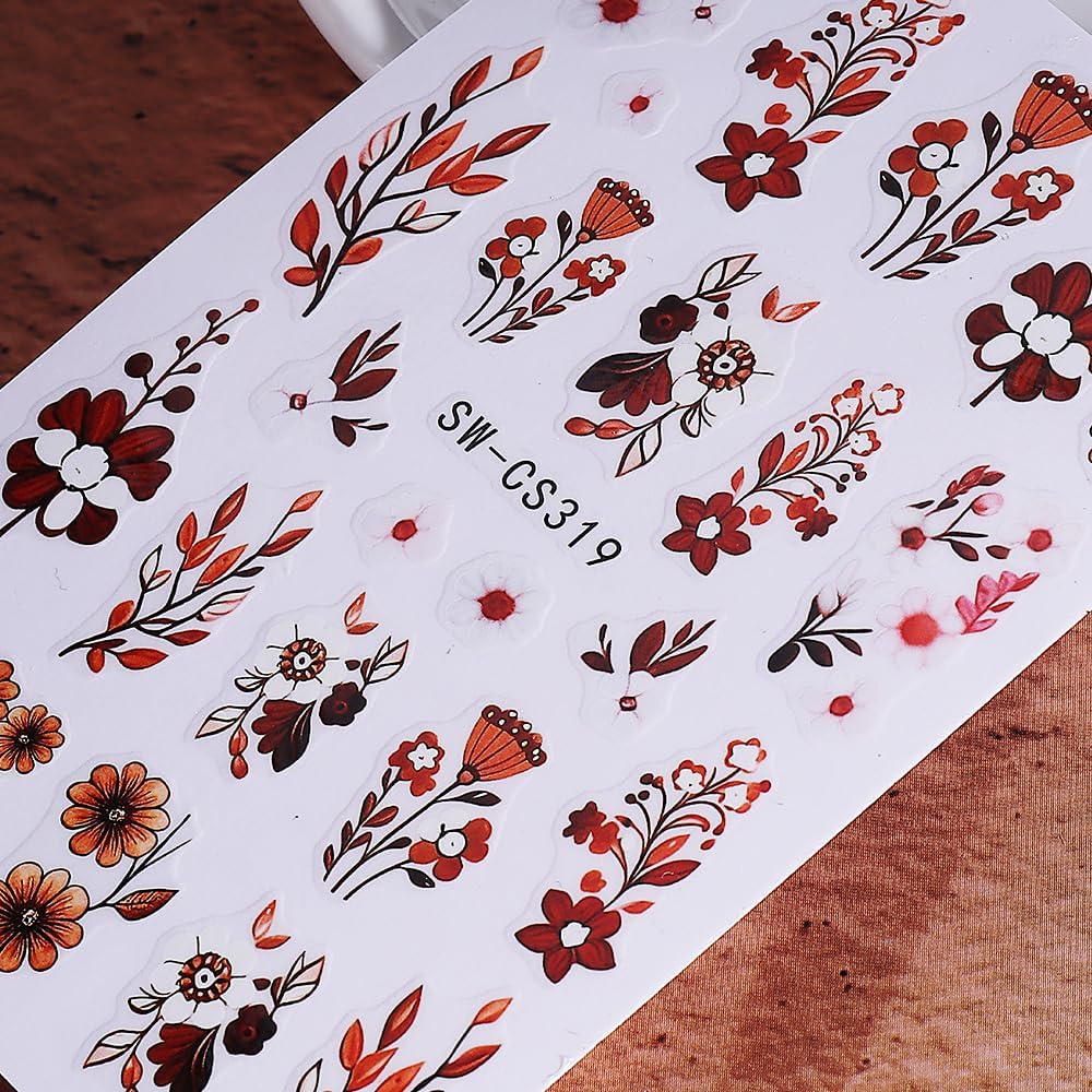 Fall Flower Nail Art Stickers Decals 3D Self-Adhesive Flower Nail Decals Nail Art Supplies 6PCS Brown Flowers Leaf Fall Winter Nails Design Manicure Sliders Accessories for Women DIY Nail Decorations