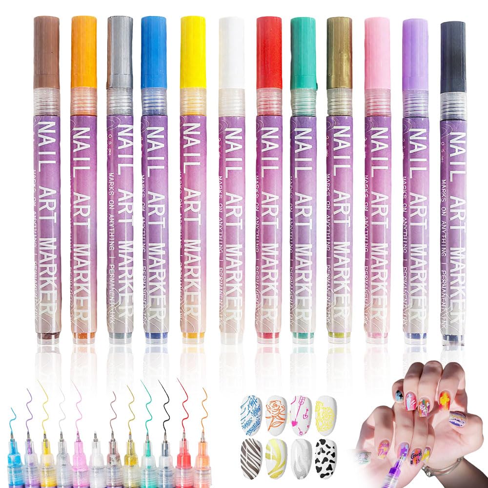 12 Colors Nail Art Pens Set, 2026 New Nail Art Markers for Gel Nails, Nail Art Tools for 3D Nail Art, Nail Art Markers Polish Pen for Graffiti Dotting Drawing Painting Point Liner DIY