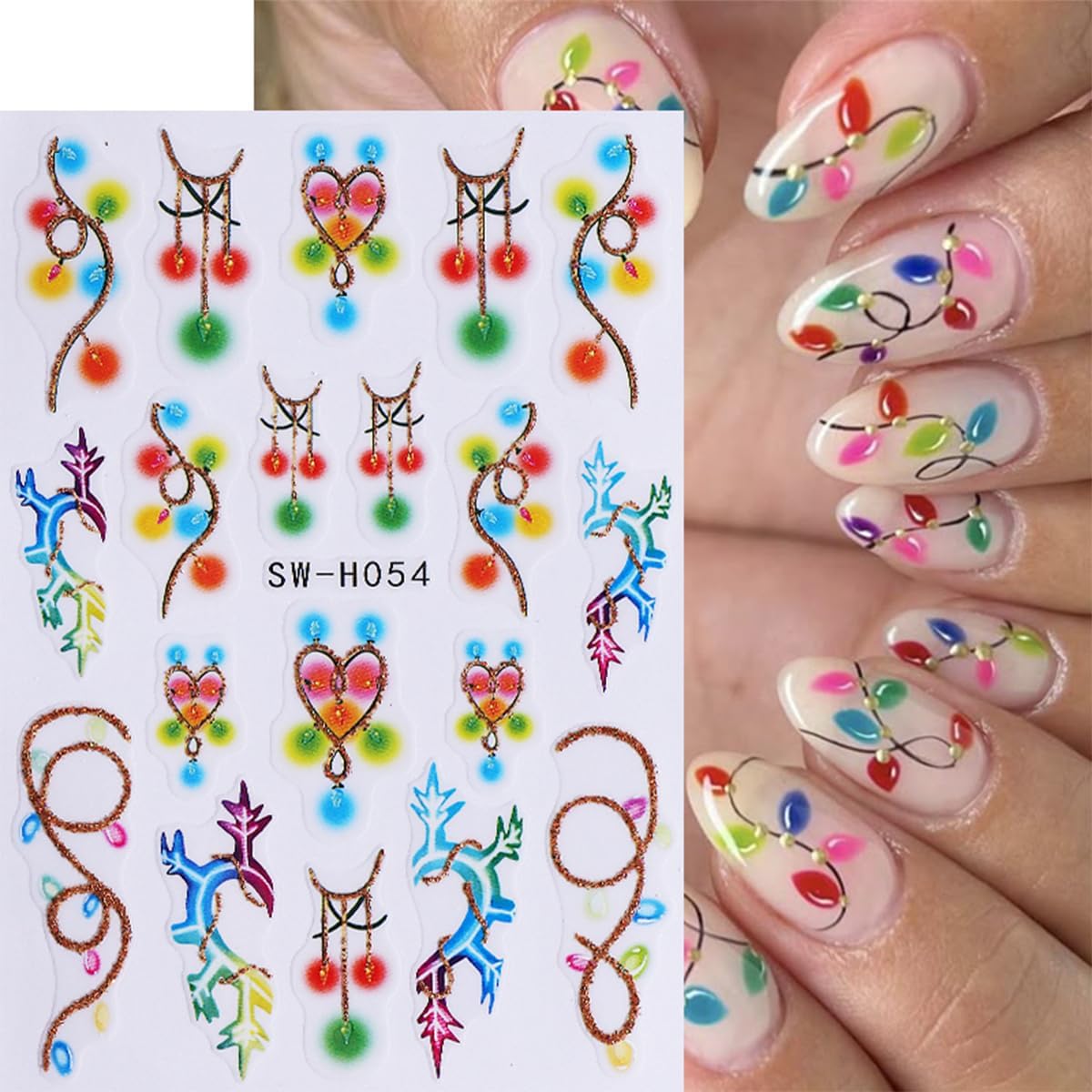 6 Sheets Christmas Nail Art Stickers 2026 New Year Fireworks Clock Xmas Nail Stickers 3D Self-Adhesive Glitter Light Strip Holly Flower Leaf Designs Winter Nail Decals for Women DIY Manicure Supplies