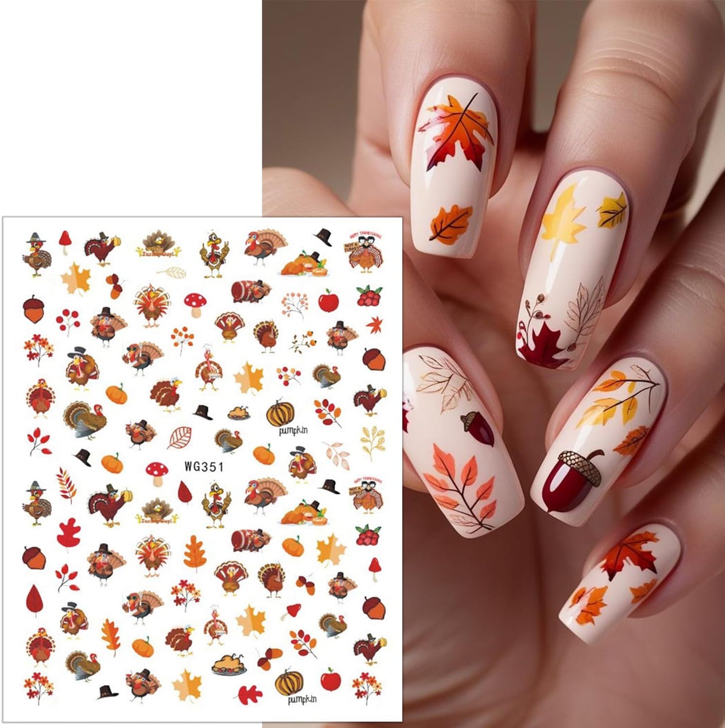 6 Sheets Fall Nail Stickers for Nail Art 3D Self-Adhesive Maple Leaf Nail Art Stickers Autumn Squirrel Pine Cone Pumpkin Nail Decals Thanksgiving Turkey Nail Design Sticker for Women Nails Decoration