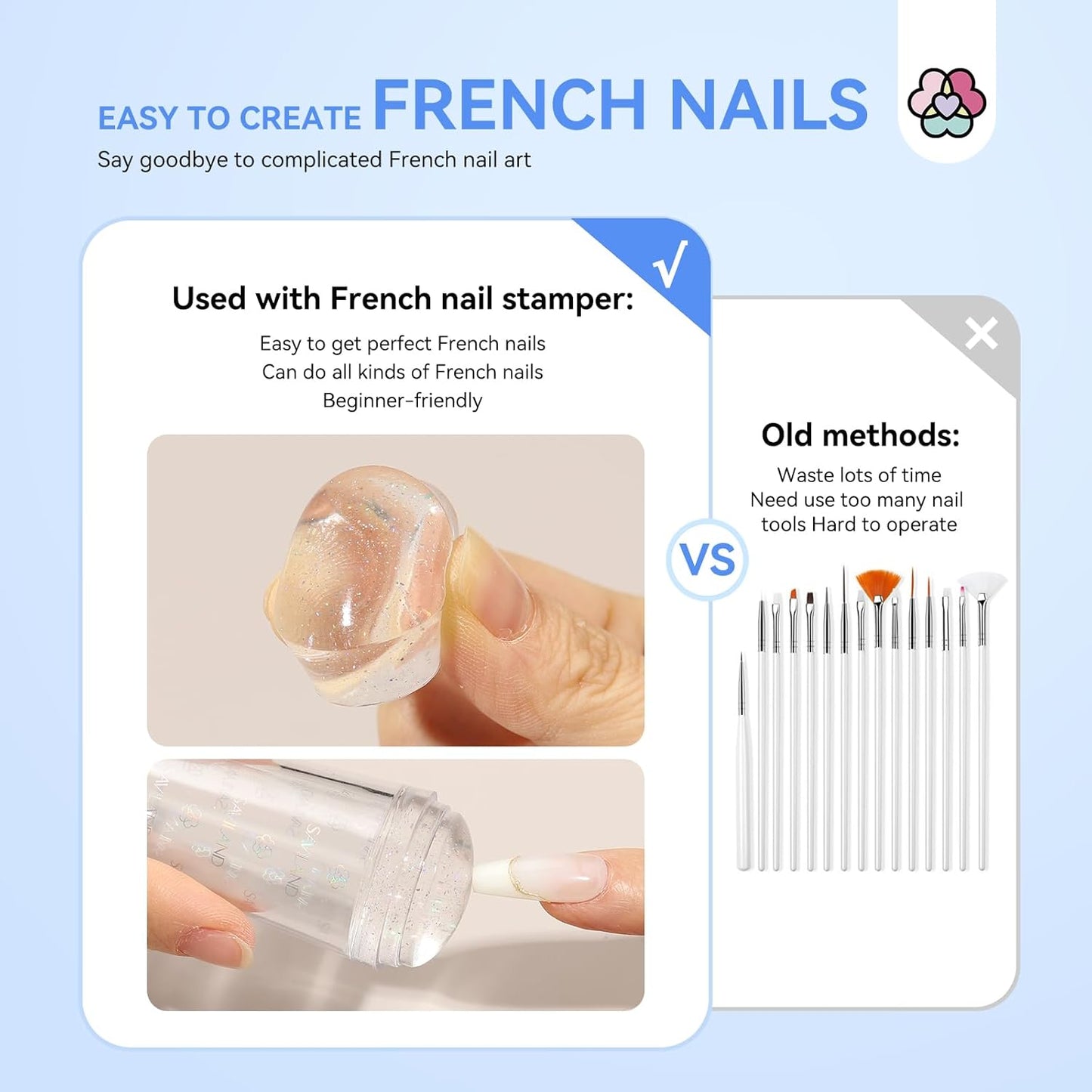 Saviland French Tip Nail Stamp: 7PCS Colorful Glitter Nail Stamp and Replaceable Silicone Stamper Head Nail Scrapers French Tip Nail Tool Kit for Beginner DIY Nail Art Design Home Salon