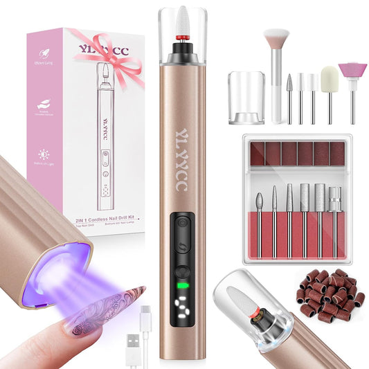 Cordless Nail Drill Electric Nail File with UV Lamp:Professional for Acrylic Gel Dip Powder Nails Portable Nail Kit Machine Tools for Women Girl Manicure Pedicure Set Rechargeable Lightweight