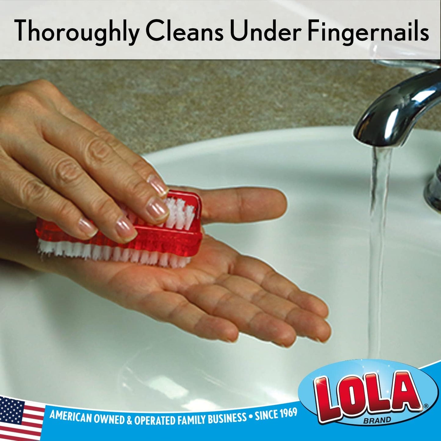 LOLA Classic Hand & Nail Brush, 2 Sided - 3 Pack, Soft & Stiff, Comfortable No-Slip Grip, Cleans Hands & Fingernails, Assorted Colors