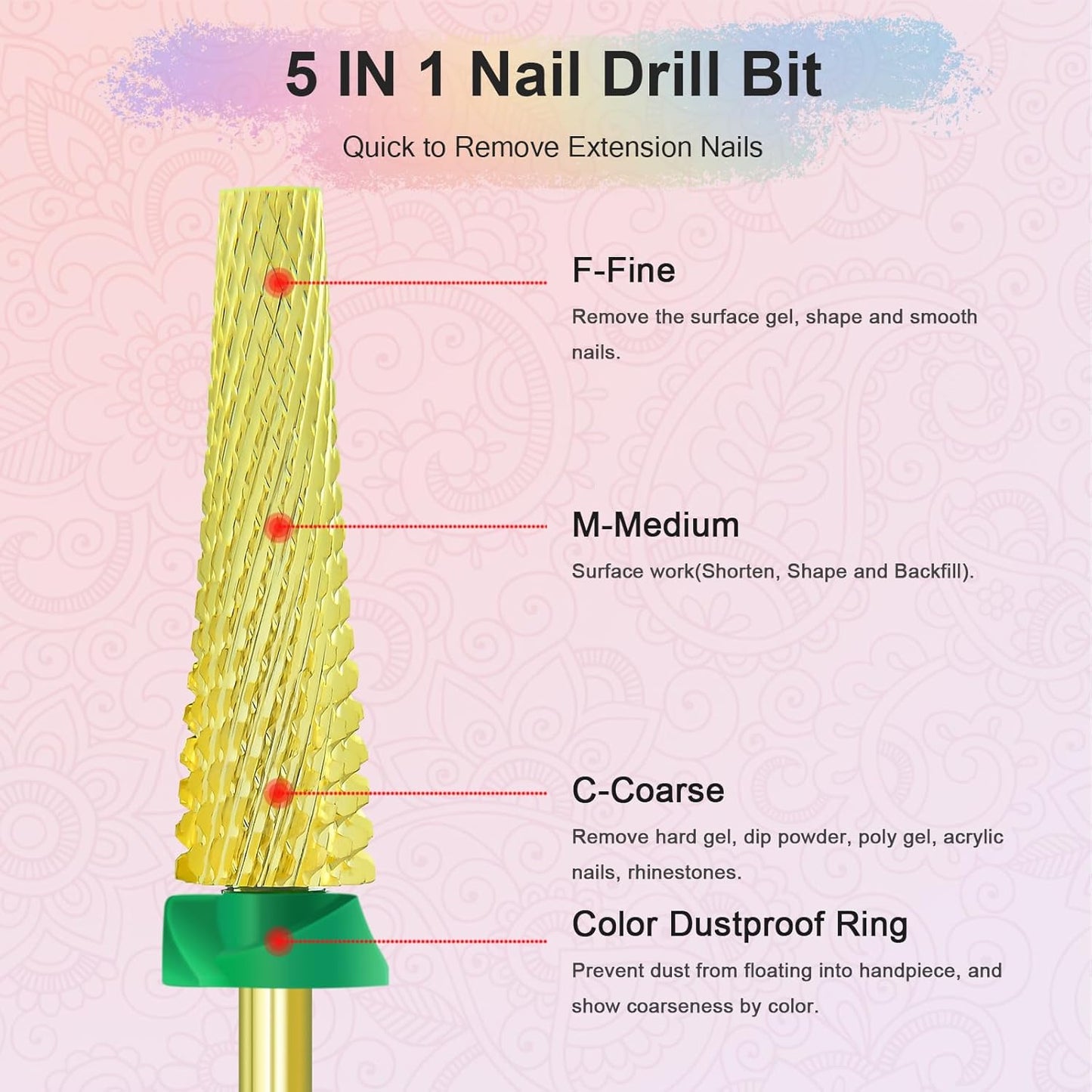 Depvko Super Long 5 in 1 Nail Drill Bits, 3/32'' Carbide Tungsten Bits, Two Way Rotate Professional Advanced Safety Bits for Nail, Fast Remove for Manicure Pedicure (Long 5in1-Gold, Coarse-C)