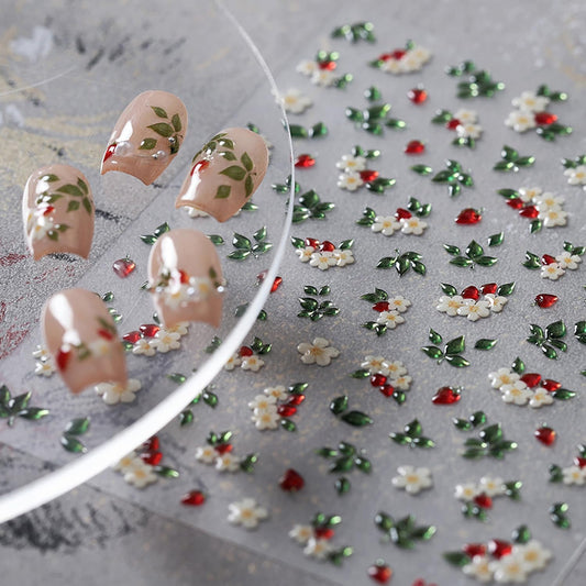 1 Sheets White Flower Nail Stickers for Nail Art Spring Flowers Nail Art Stickers 5d Embossed Floral Nail Decals Self-Adhesive Green Leaf Nail Designs Supplies for Women Girls Manicure Decor