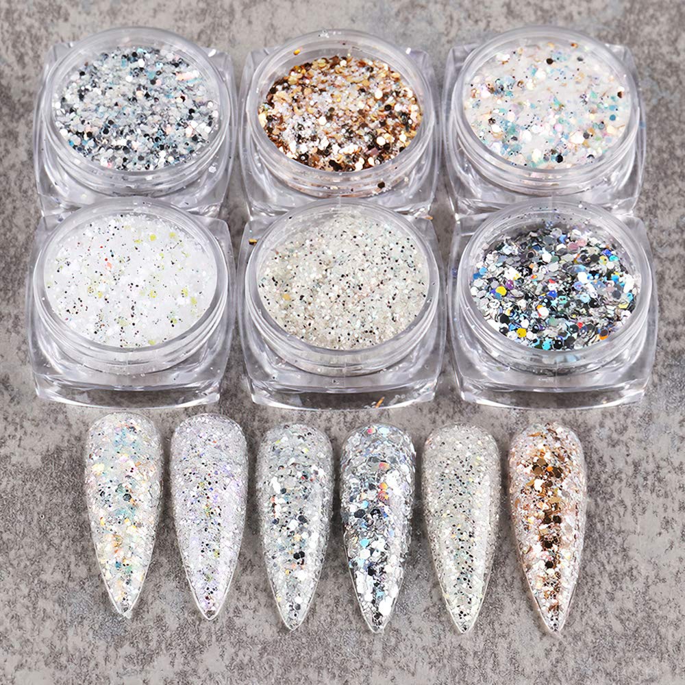Holographic Nail Art Kits 6 Boxes 3D Glitter Metallic Shining Flakes Acrylic Powder Dust Sequins Decoration Holographic Manicure Tips (Vintage Color)