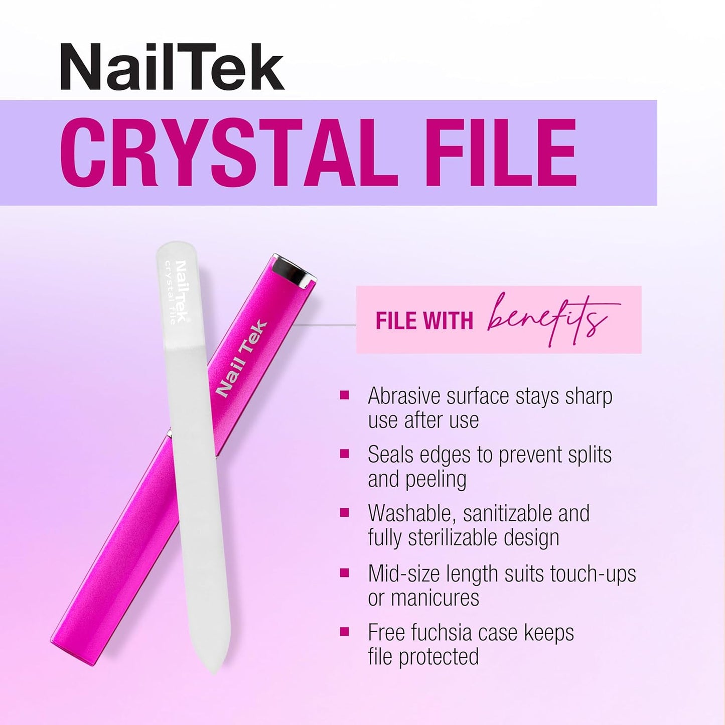 Nail Tek Crystal File - Glass Nail File with Case, Durable and Gentle for Healthy Nails and Cuticles - Travel-Friendly Design, Fuchsia, Medium 5"