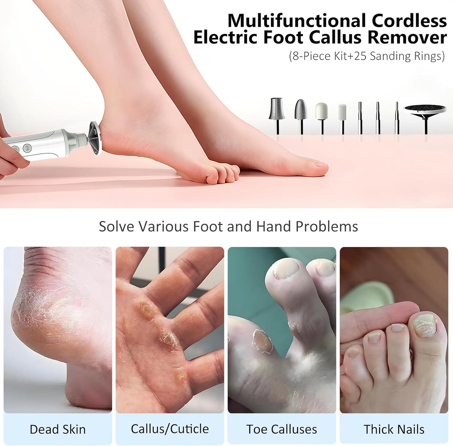 Electric Foot Callus Remover,Cordless Electric Foot File with LED Light,5000RPM-Faster Callus Remover for Feet,8-in-1 Foot Scrubber Perfect for Dead,Hard Cracked Dry Skin,Thick Toenail Ideal Gift