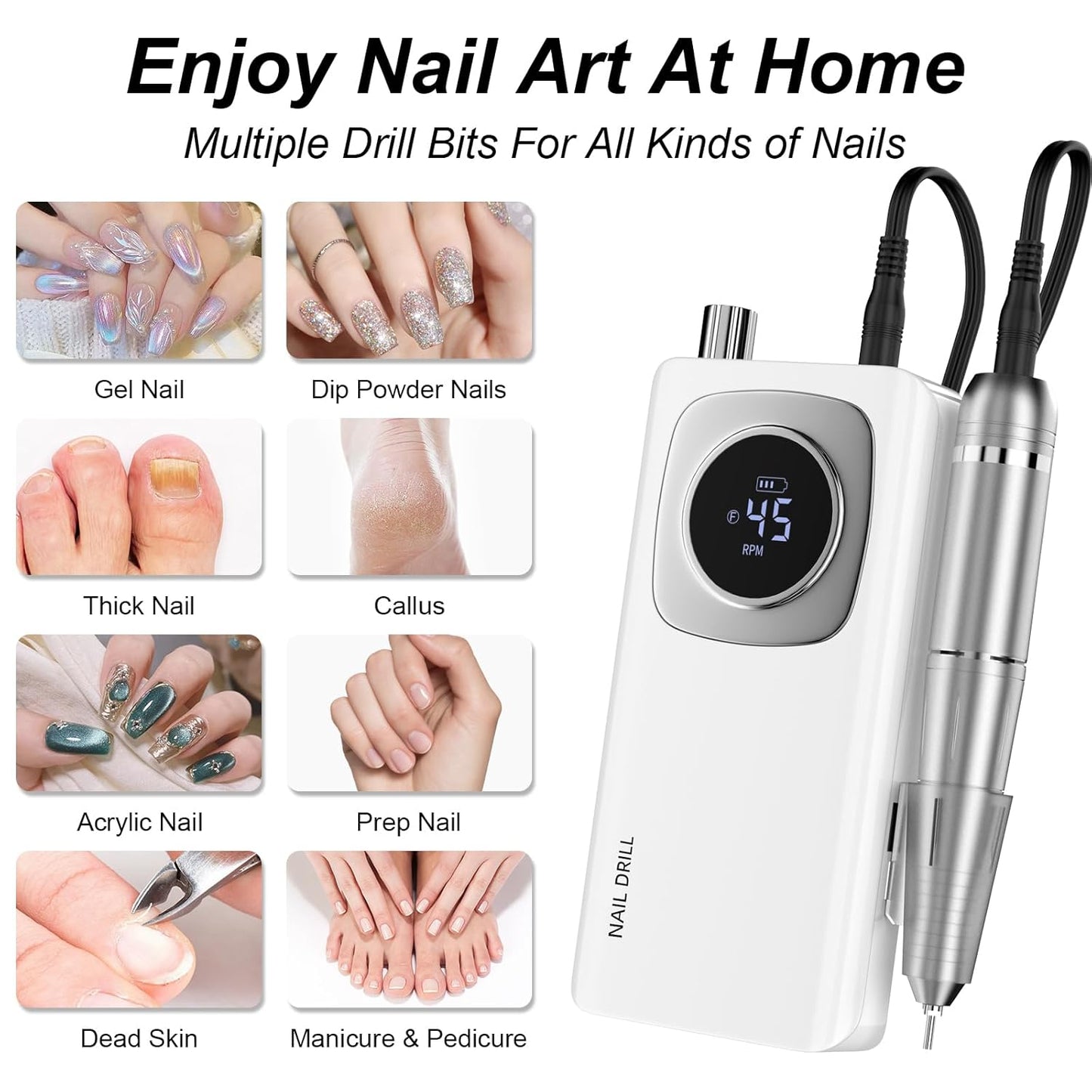 Electric Nail Drill Professional: Rechargeable Nail File with Bits for Acrylic Gel Nails, Professional Nail Drill Manicure Pedicure Polishing Shape Tools for Home Salon