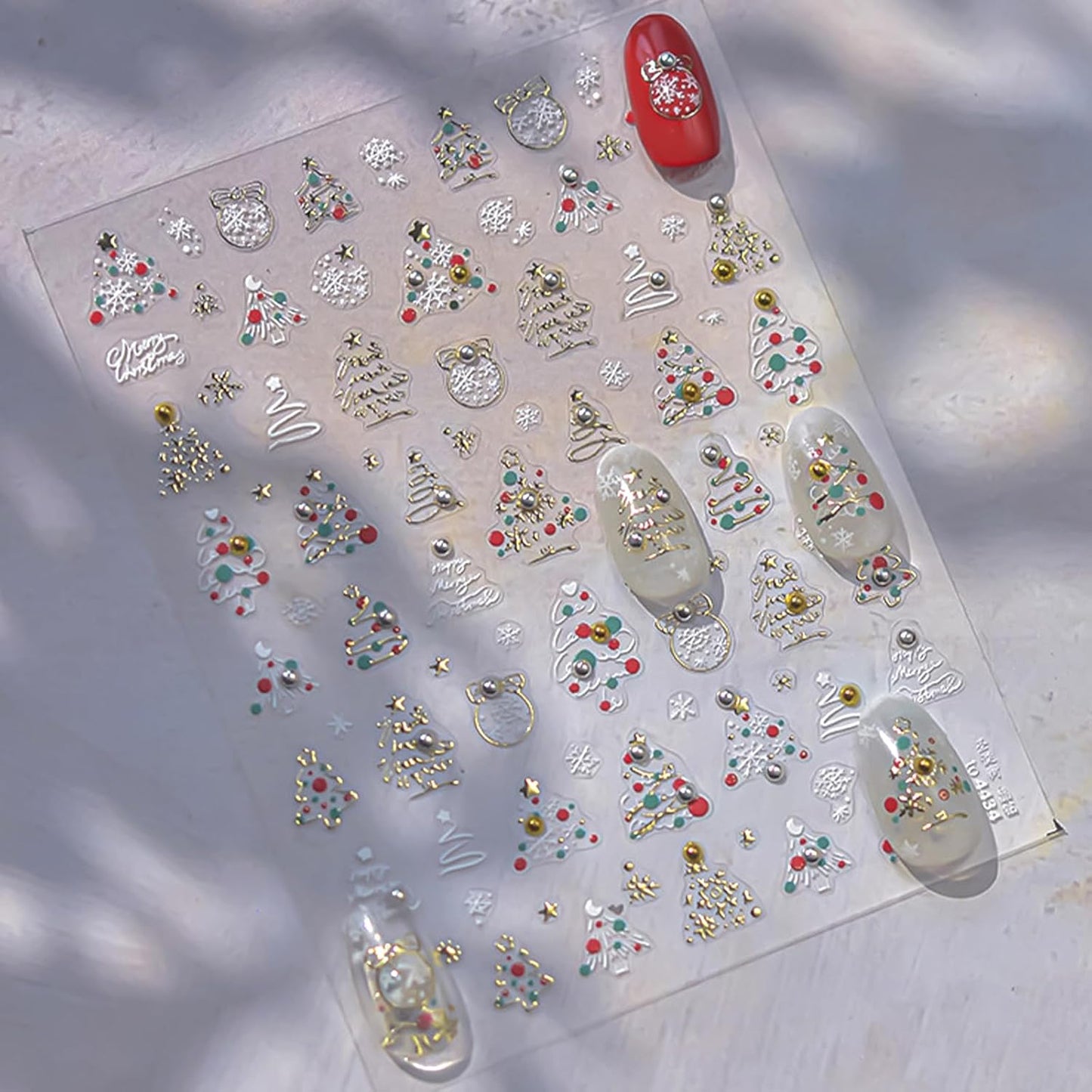 1 Sheet Christmas Tree Nail Art Sticker 5D Embossed Colorful Christmas Tree with Gold and Silver Pearl Nail Sticker Decal Acrylic Nail Supplies for Women Girls DIY Nail Art Decoration