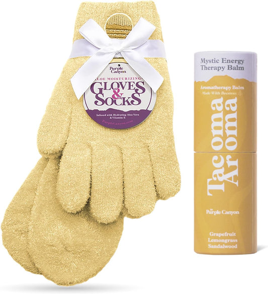 Purple Canyon Moisturizing Socks & Gloves and Heel Balm Foot Care Kit | Yellow Socks and Gloves Infused with Aloe Vera and Vitamin E | Cracked Heel Treatment for Self Care