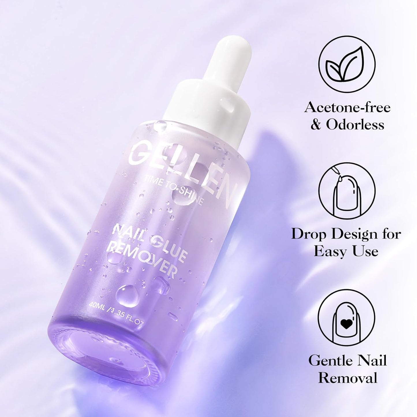Gellen Nail Glue Remover for Press on Nails, 40ML UV Glue Remover, Non-Acetone Gentle Off for False Tips, Odorless Easy Debonder, Not for Gel Polish