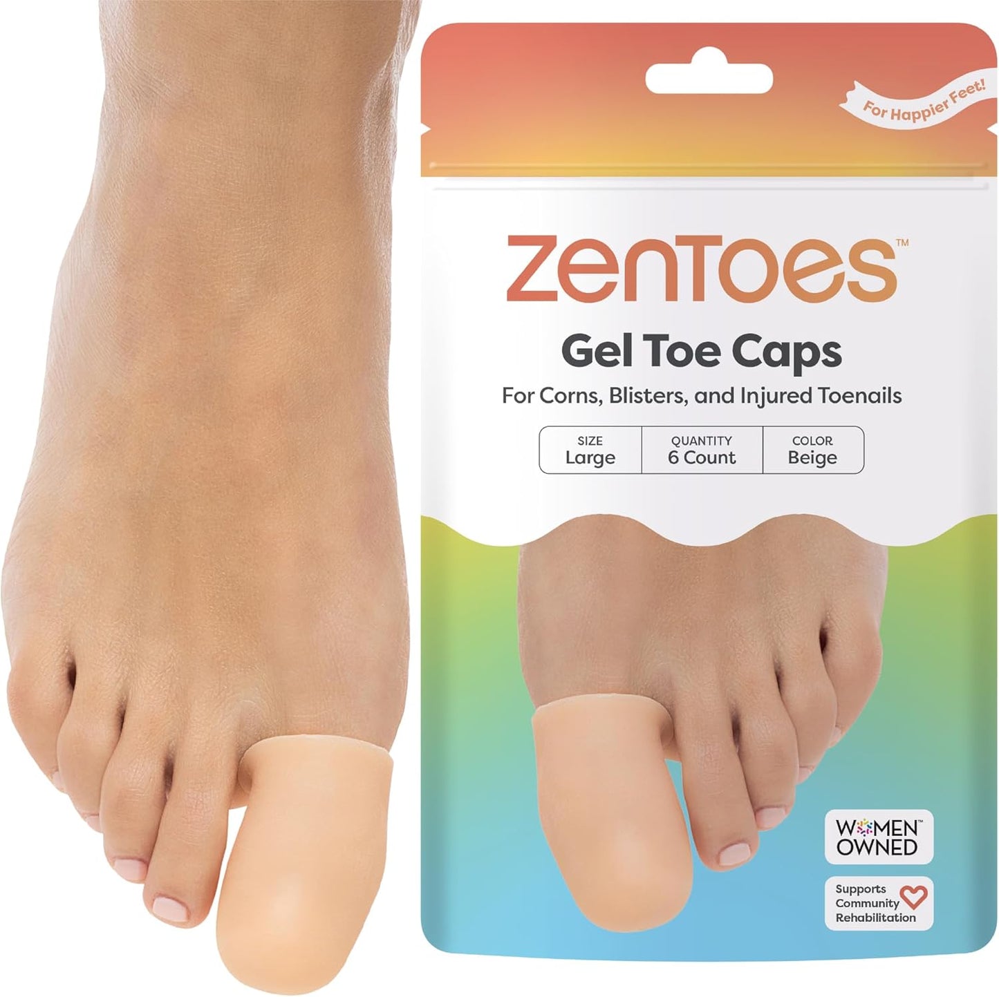 ZenToes 6 Pack Gel Toe Cap and Protector - Cushions and Protects to Provide Relief from Missing or Ingrown Toenails, Corns, Blisters, Hammer Toes (Large, Beige)
