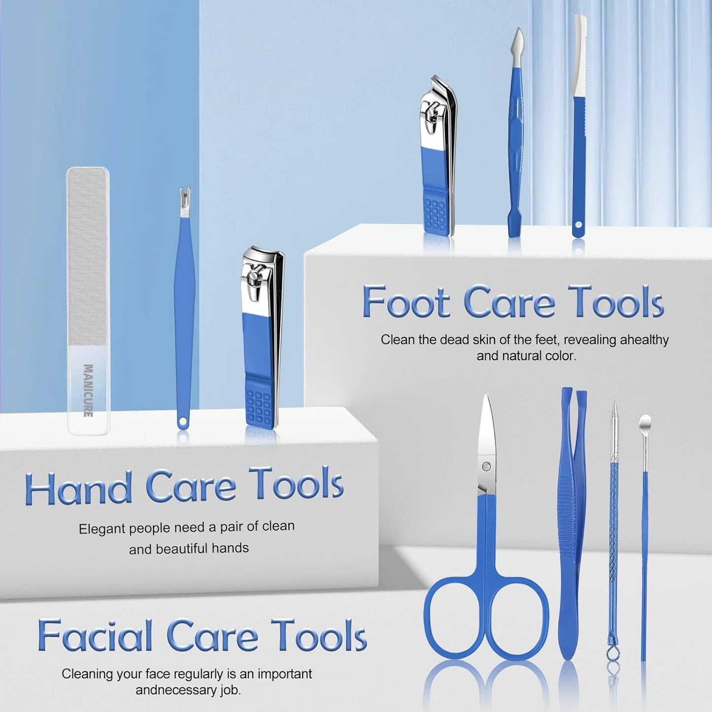 Manicure Set 10 pcs Personal Care Manicure kit for Men,Mens Nail Grooming kit, Andrea Nail kit,Nail Care Tools with Luxurious Travel Case(Blue)