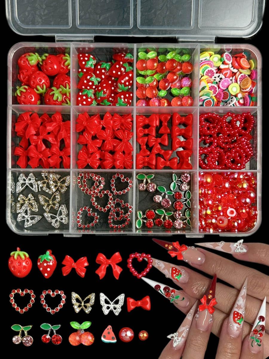 3D Red Bow Nail Charms, Flatback Pearl Charms Resin Strawberry Nails Bows Fruit Charms for Nails, Alloy Cherry Butterfly Nail Art Jewels for Women DIY Accessories