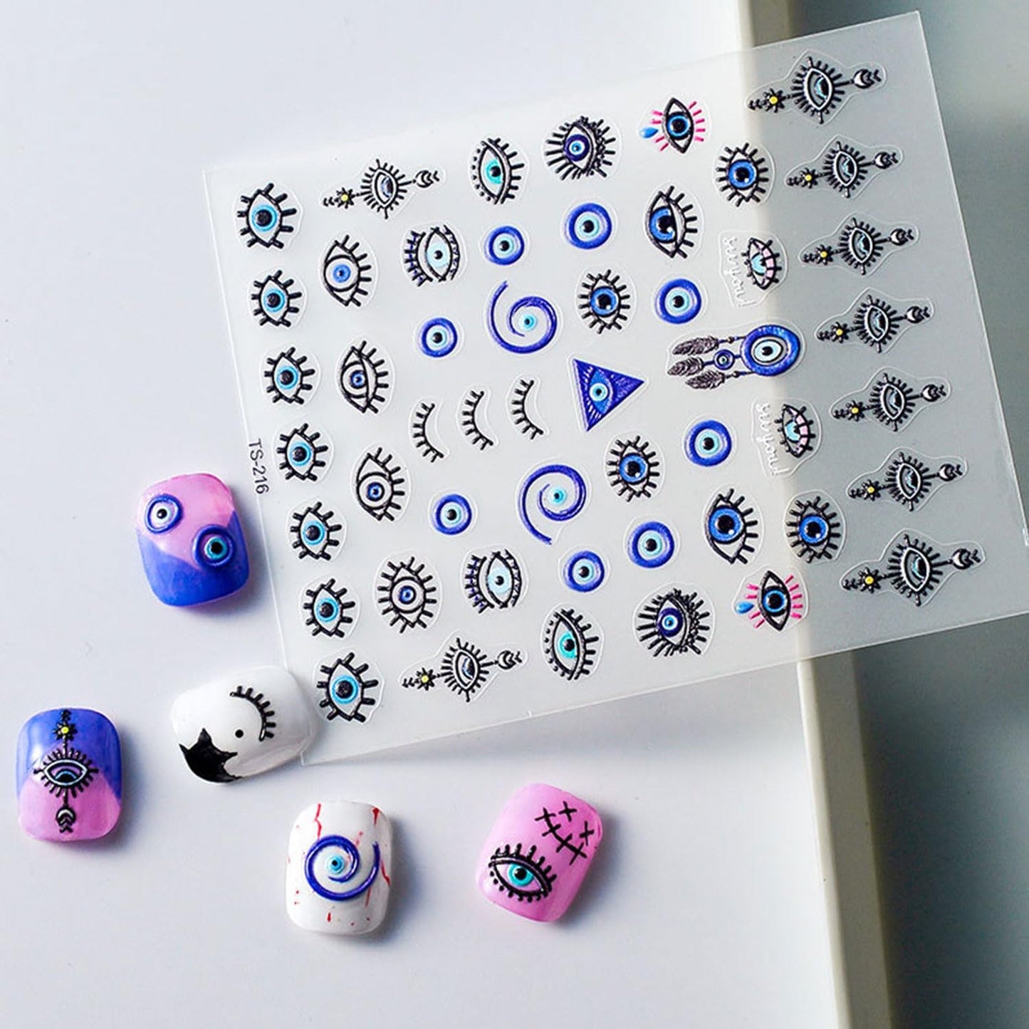 Blue Evil Eye Nail Stickers 5D Embossed Nail Decals Self-Adhesive Nail Art Supplies Eyelash Eye Manicure Stickers for Women Nails Art Decoration