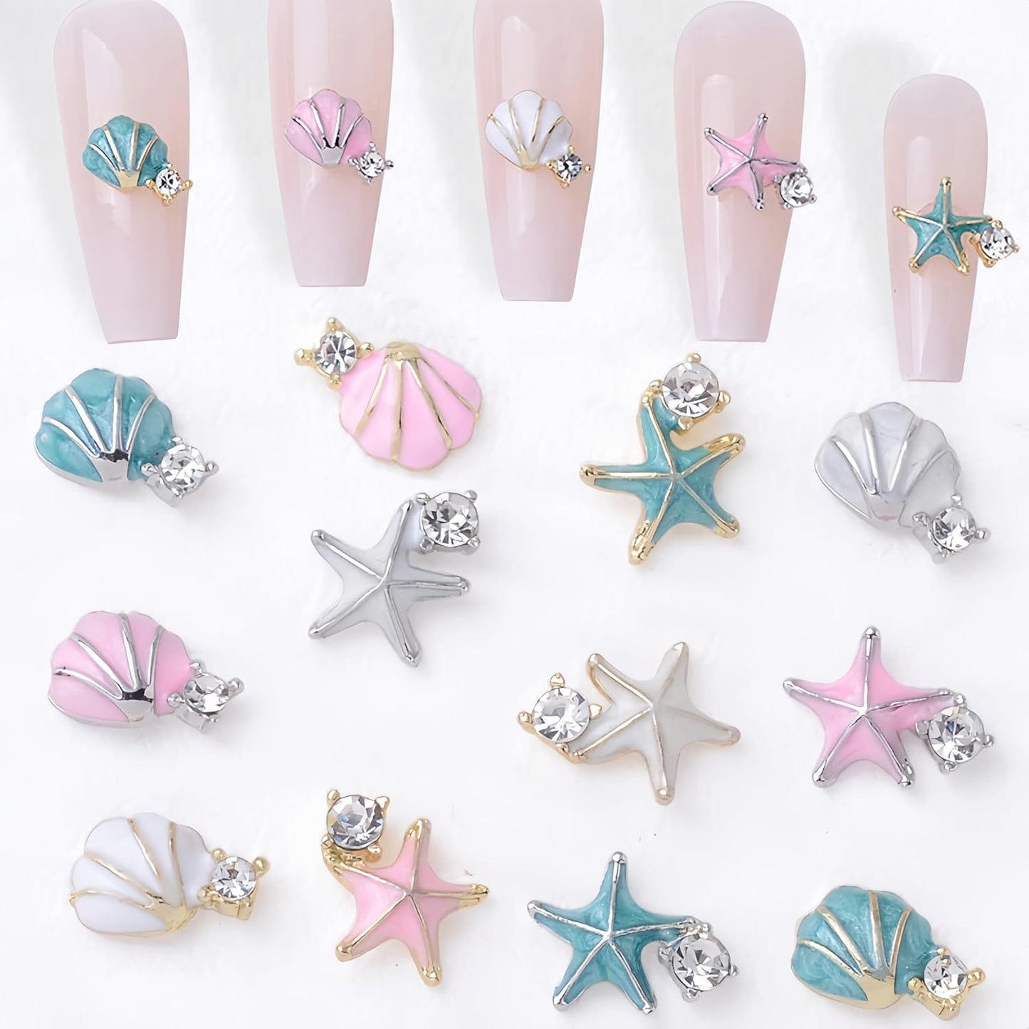 24Pcs Alloy Seashell Starfish Nail Charms for Acrylic Nails 3D Shiny Metal Seashell Starfish Nail Rhinestone Ocean Silver Diamond Starfish Nail Charms Nail Accessories for Women DIY Manicure Decor