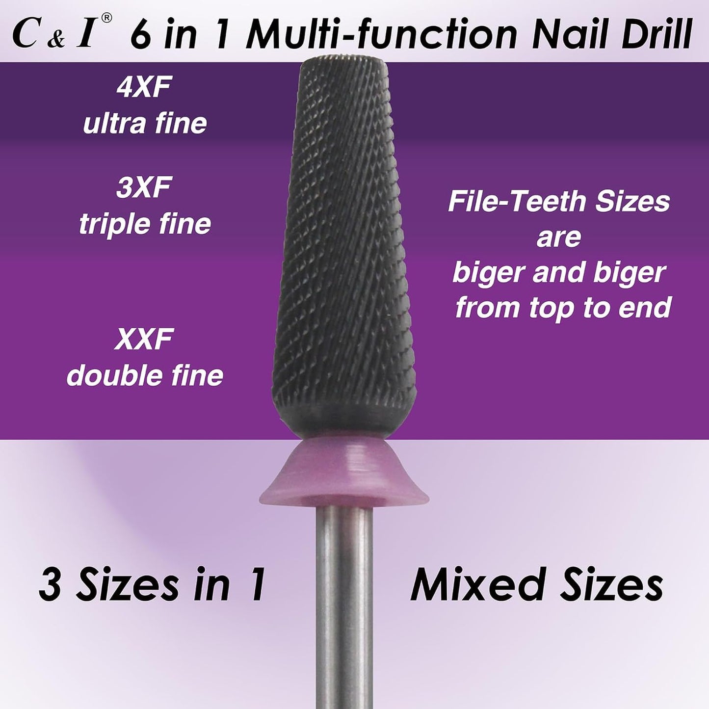 C & I Nail Drill Bit 6 in 1 Multi-function Rounded End E-file, Diamond Coat, CNC Overall Cut Nail Tools for Nail Techs Quick Remove Acrylic Nail Gels & Nail Art (Special Coat, Double Fine -XXF)