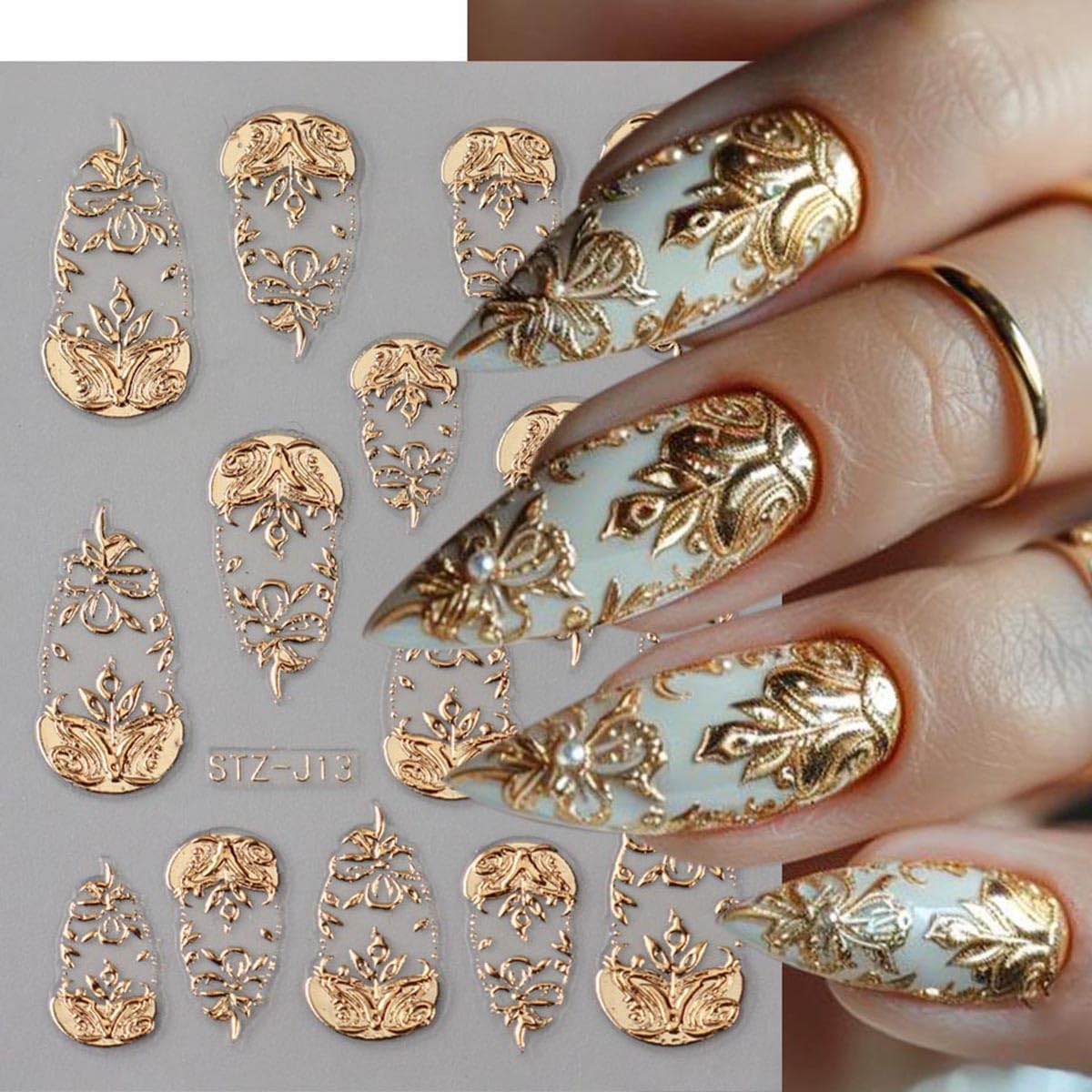 Gold Nail Art Stickers 3D Self-Adhesive Golden Foil Leaf Nail Decals Nail Art Supplies 3PCS Metallic Totem Leaves Summer Nails Design Embossed Sticker Manicure Sliders for Women DIY Nail Decorations