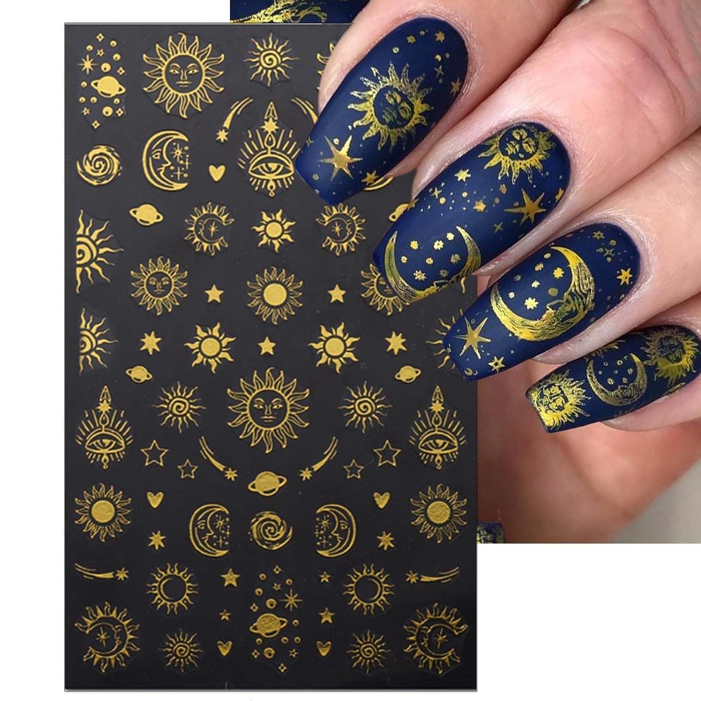 8 Sheets Gold Sun Nail Art Stickers - Sliver Moon Star Self-Adhesive 3D Nail Decals for DIY Golden Slivery Manicure