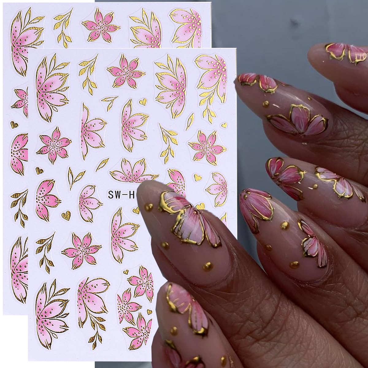 Flower Nail Art Stickers Decals 3D Pink Flower Nail Stickers Self-Adhesive Summer Nail Art Decorations Supplies 6PCS Bronzing Gold Edge Pink Purple Floral Petal Nail Decals Manicure Sliders for Women