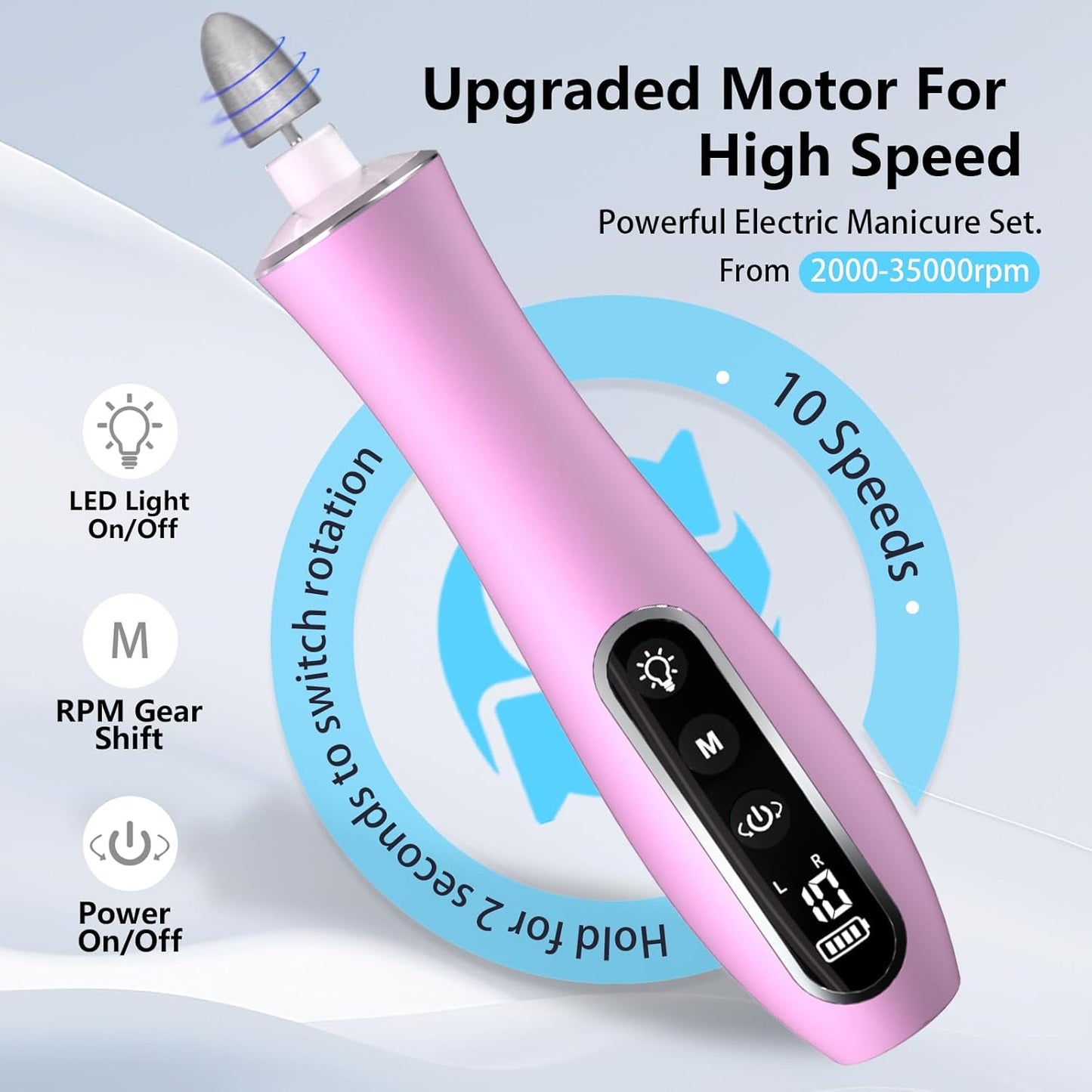 Electric Nail File Drill, Cordless 2000 mAh Rechargeable Nail Filer Electric, Portable Nail Dril 10 Speeds Professional Machine Drill for Nails Acrylic Manicure and Thick Toenails Grinder