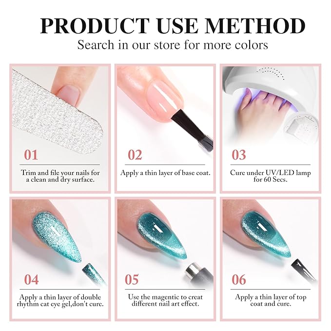 Double Rhythm Cat Eye Gel Polish Set 6 Colors Shimmer Glitter with Magnet Holographic Reflective Magnetic UV Nail Art Kit (Pearl Pink Blue Green Purple 6-Kit 44)