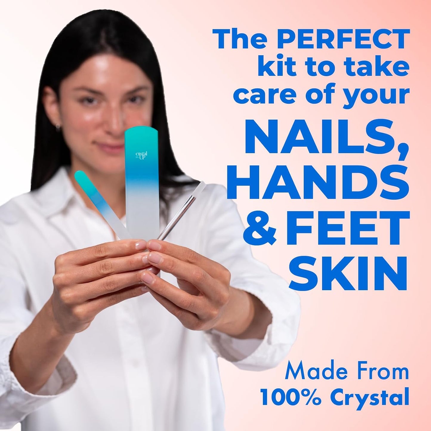 Starter Crystal Care Set - 3PC Includes Glass Foot Scraper, Medium Crystal File, and Cuticle Stick for Natural Nails, Glass File Kit