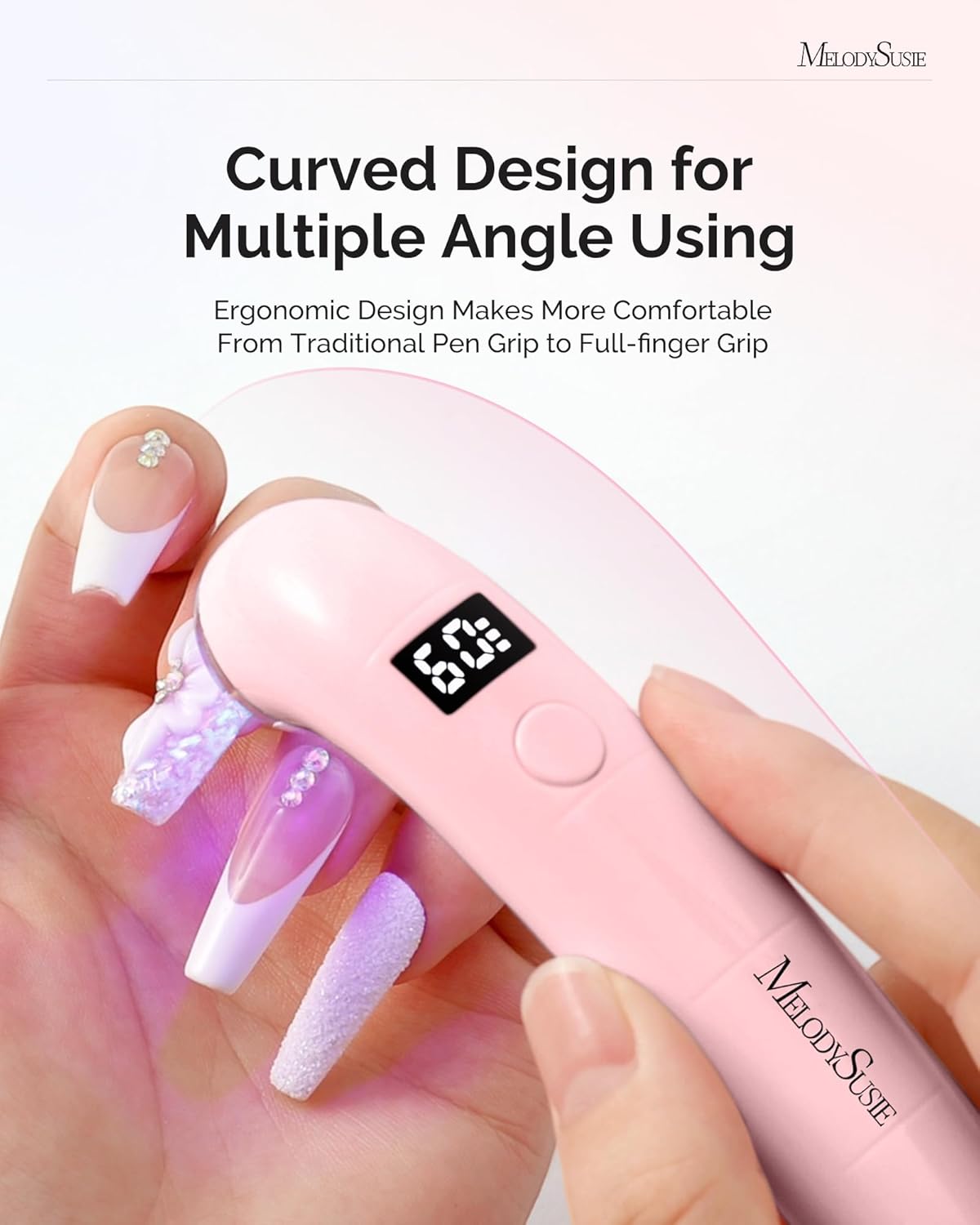 MelodySusie Handheld UV Light for Gel Nails, P-ART01A Cordless UV Nail Lamp with LCD Display& Ergonomic Design, Rechargeable LED Light Flash Cures Soft Gels, Rhinestone Glue & Liner Gel, Pink