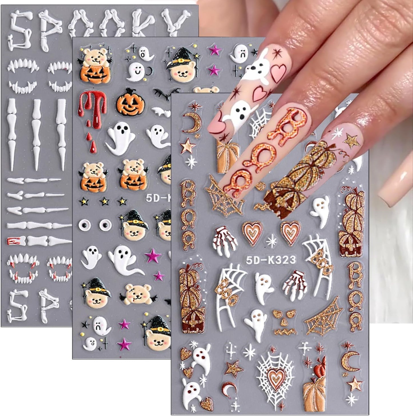 3 Sheets Halloween 5D Embossed Nail Art Stickers Cute Ghost Spider Wed Nail Decals Self Adhesive Gothic Pumpkin Skull Nail Stickers Glitter Gold Nail Design Decals Holiday Nail Decoration for Women