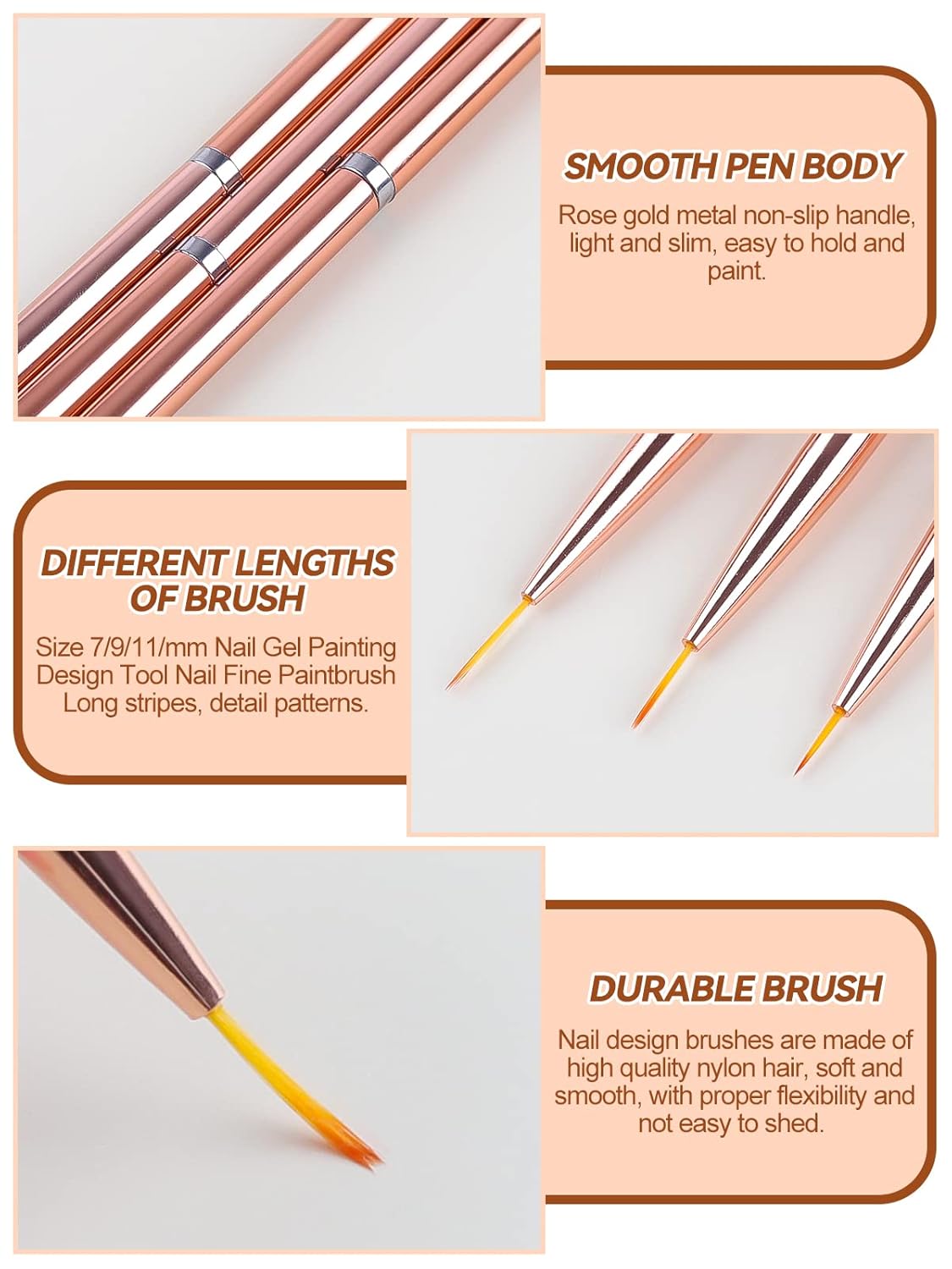 TOROKOM 3Pcs Nail Art Liner Brushes Thin Nail Art Brush Fine Nail Art Striping Brush for Nails Gel Polish Painting Design Brushes Pen Set for Striping, Detail Pattern