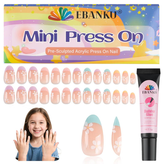 EBANKU 26 Pcs Press on Nails for Girls, Flower Fake Nails for Kids 5-12 Years False Nails Kit with Nail Glue, Short Full Cover Nails Tip for Child