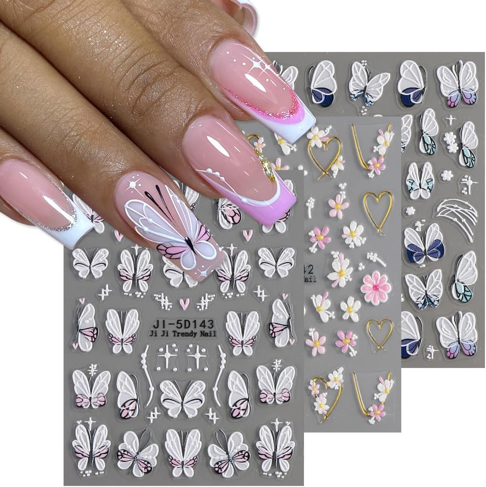 5D Embossed Butterfly Nail Stickers, 3 Sheets Self-Adhesive Nail Decals White Pink Purple Butterfly Daisy Flowers Designs Nail Decorations DIY Manicure Supplies for Women Girls&Kids