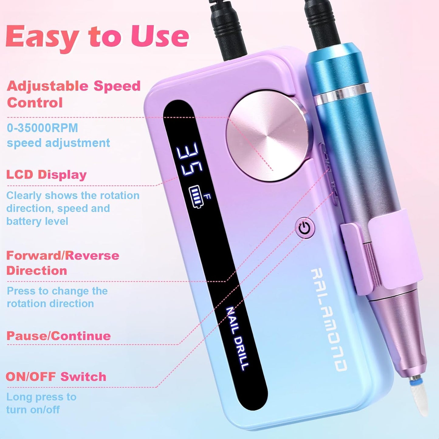 Cordless Nail Drill Professional, 35000RPM Electric Nail File, Portable Nail Drill with Bits, Nail Filer Electric with Adjustable Speed & Direction, Acrylic Nail Tool for Salon & Home Use(Blue Purple)