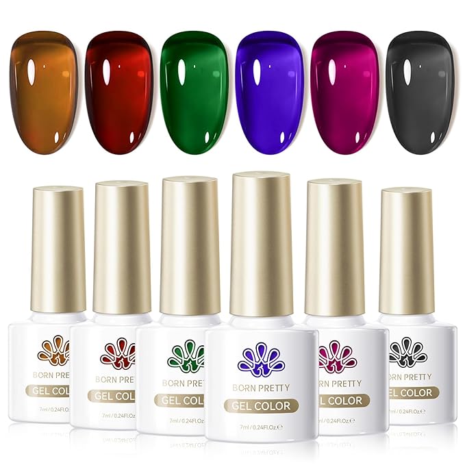 BORN PRETTY Jelly Gel Nail Polish Set,Christmas Brown Red Green Black Blue Purple Sheer Transparent Crystal Gel Nail Polish Kit Fall Winter Soak off Nail Polish for Manicure DIY Home Salon 7ML 6Colors
