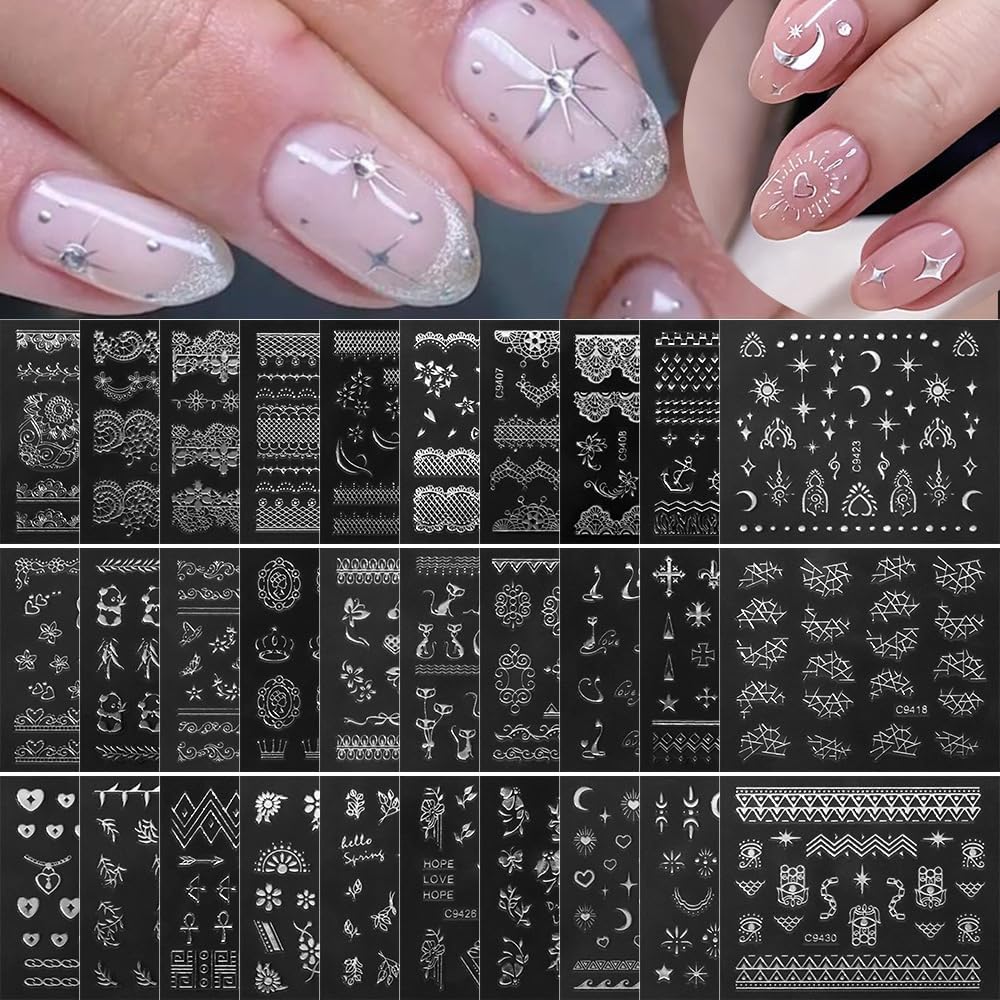 30 Sheets Silver Nail Sticker Silver Lace Nail Art Stickers Silver Retro Flower Star Moon Heart Cat Design 3D Self-Adhesive Nail Sticker Decals Nail Supplies for Women Girls DIY Nail Art Decoratio
