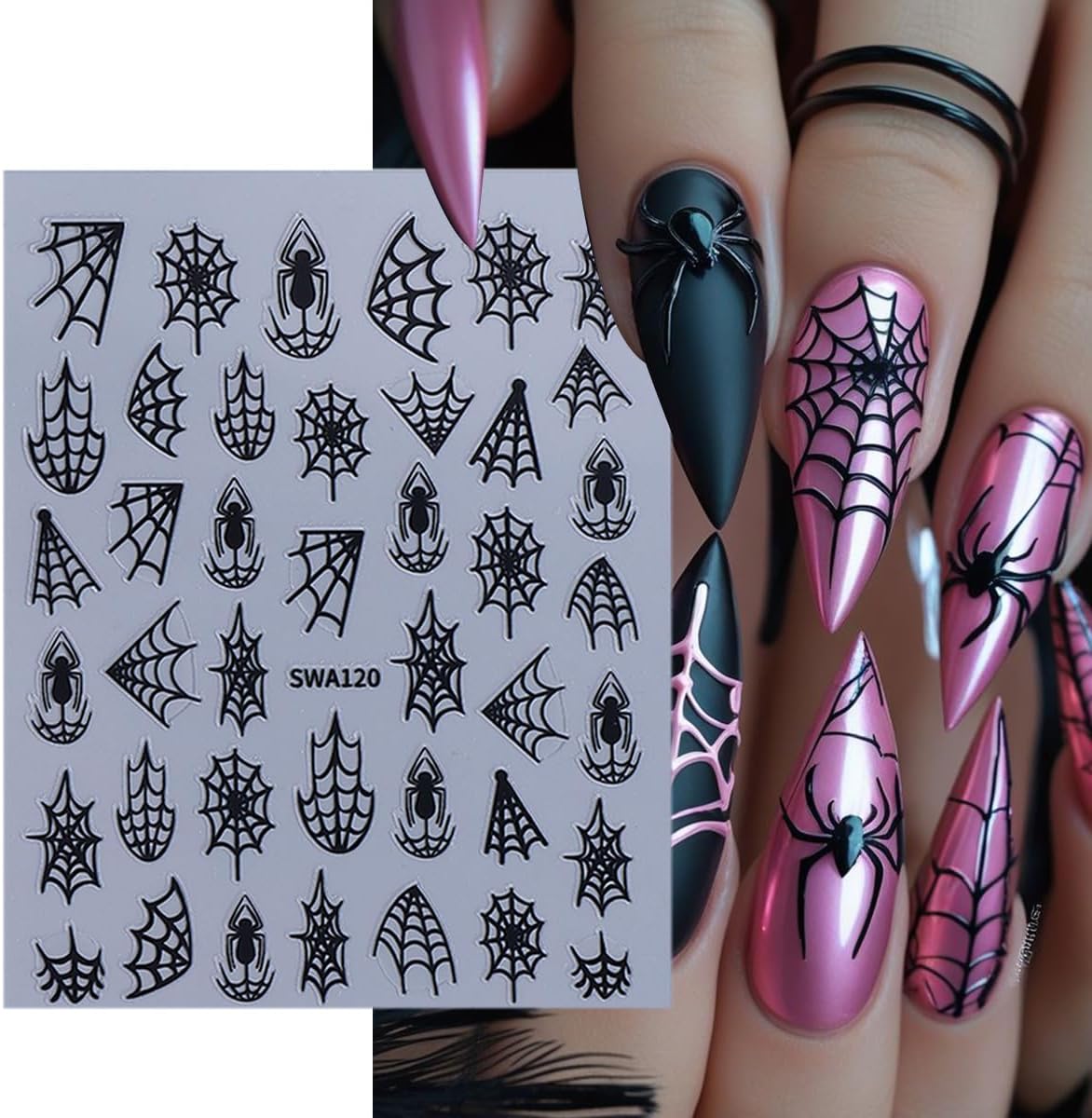 5 Sheets Halloween Nail Stickers for Nail Art 3D Self-Adhesive Spider Web Nail Art Stickers White Black Silver Laser Gold Spider Nail Decals Goth Nail Art Supplies for Women Acrylic Manicure Salon