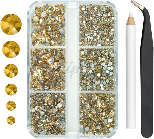 2550pcs Champagne Golden Nail Art Flatback Rhinestones for Face Makeup Gold Nail Gems Gemstones K9 Glass SS4~SS20 6 Sizes Bling Diamonds Stones w Tweezer & Picking Pen for Nails DIY Craft